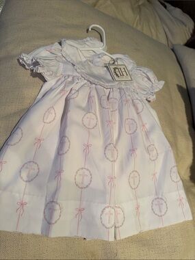 Baby Girls White & Pink Cross Print Dress with Peter Pan Collar